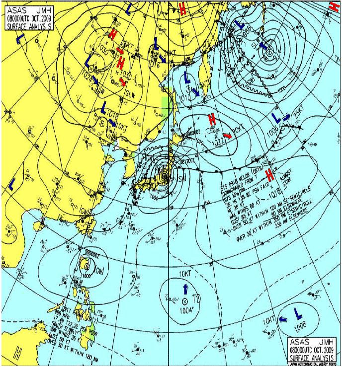 Карта приземного анализа погоды для азиатского района
