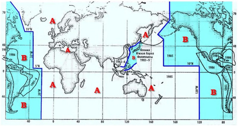 Деление Мирового океана на регионы А и В 
